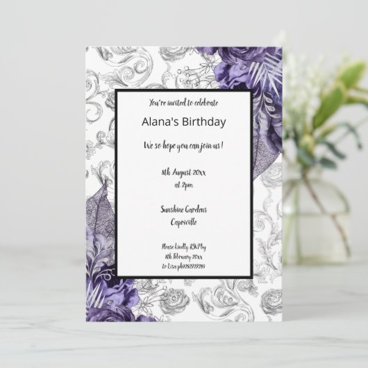 PAARSE FLORAAL SPRINGTHEMA FOLIE METALLIC BIRTHDAY KAART (Staand voorkant)