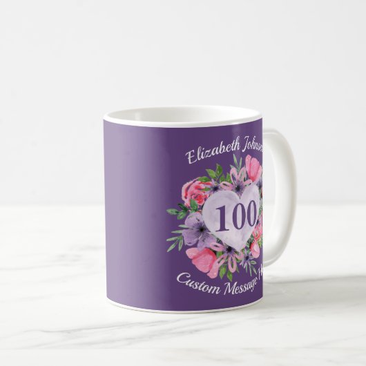 Paarse Floral 100e verjaardag Mok vrouwen (Voorkant rechts)