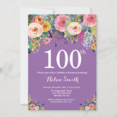Paarse Floral 100th Birthday Uitnodiging (Voorkant)