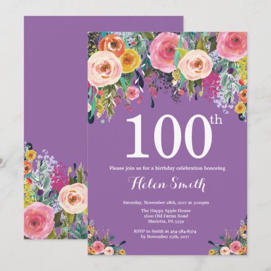 Paarse Floral 100th Birthday Uitnodiging (Voorkant / Achterkant)
