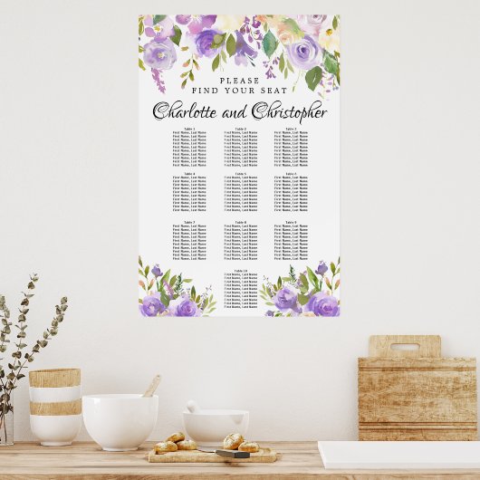Paarse Floral 10-tafel bruiloft Poster (Keuken)