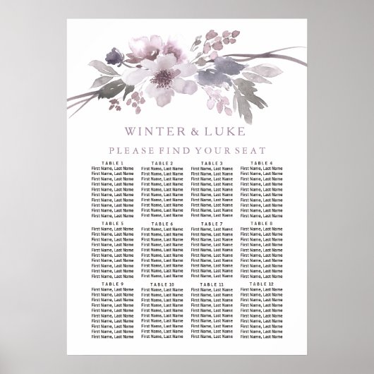 Paarse Floral 12 Tafel - Berichten - Zetel Poster (Voorkant)