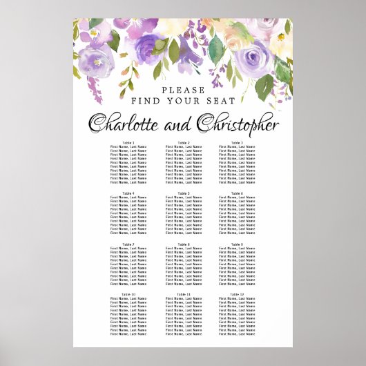 Paarse Floral 12-tafel weduwenkaart Poster (Voorkant)