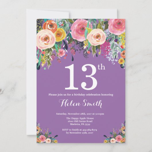 Paarse Floral 13e uitnodiging (Voorkant)