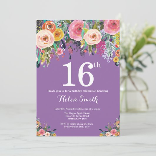 Paarse Floral 16e verjaardag uitnodiging (Staand voorkant)