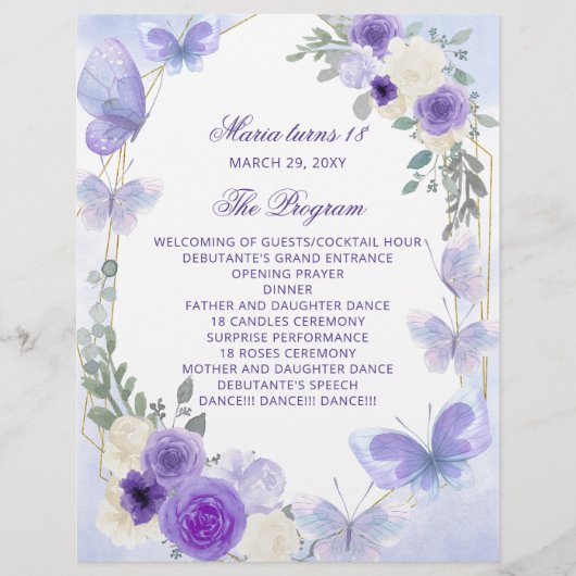 Paarse Floral 18 Candle and Rozen Ceremony Program (Voorkant)