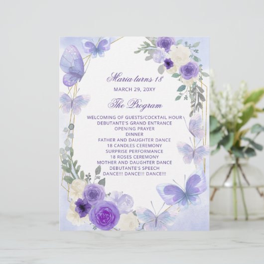 Paarse Floral 18 Candle and Rozen Ceremony Program (Staand voorkant)