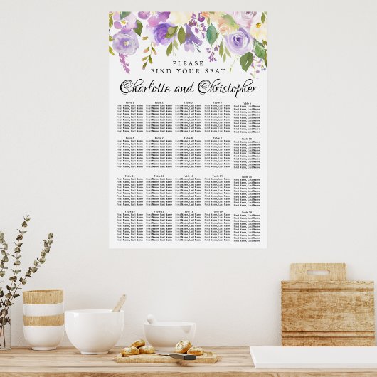 Paarse Floral 20-tafel bruiloft Poster (Keuken)