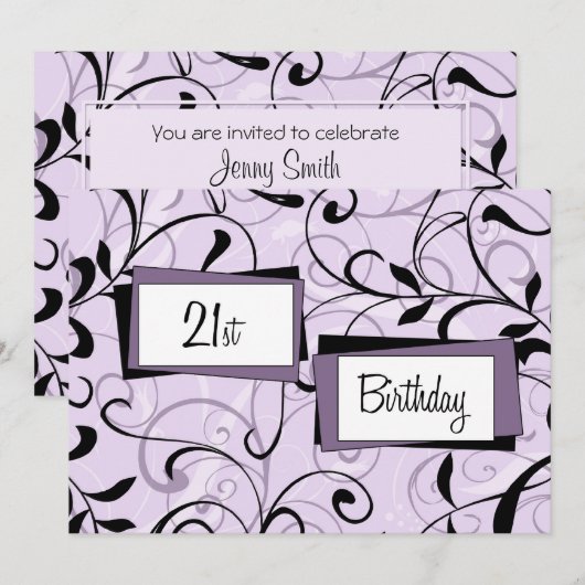 Paarse Floral 21e verjaardag van de uitnodigingska Kaart (Voorkant / Achterkant)