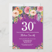 Paarse Floral 30th Birthday Uitnodiging (Voorkant)