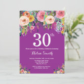 Paarse Floral 30th Birthday Uitnodiging (Staand voorkant)