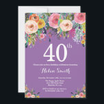 Paarse Floral 40e verjaardag uitnodiging<br><div class="desc">Paarse Floral 40e verjaardag uitnodiging voor vrouwen. Waterverf Floral Flower. Paarse Lila Lavender Violet Background Roze, geel, Oranje, Paars ventilator. Volwassen verjaardag. 13e 15e 16e 18e 21e 30e 40e 50e 60e 70e 90e 100e, Alle leeftijden. Voor verdere aanpassing, te klikken gelieve de knoop "van de Aanpassing het"en ons ontwerphulpmiddel te...</div>