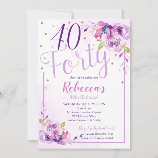 Paarse Floral 40e verjaardag uitnodiging 40e verja (Voorkant)