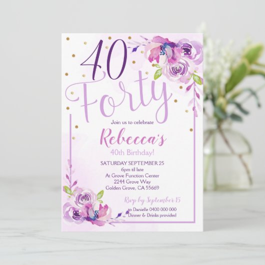 Paarse Floral 40e verjaardag uitnodiging 40e verja (Staand voorkant)