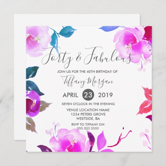 Paarse Floral 40th and Fabulous 40th Birthday Part Kaart (Voorkant / Achterkant)