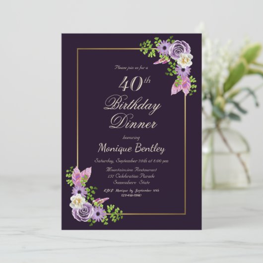 Paarse Floral 40th Birthday Dinner Kaart (Staand voorkant)
