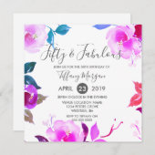 Paarse Floral 50 en Fabulous 50th Birthday Party Kaart (Voorkant / Achterkant)