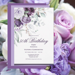 Paarse Floral 50e Verjaardag Waterverf Modern Kaart
