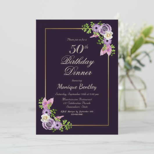 Paarse Floral 50th Birthday Dinner Kaart (Staand voorkant)