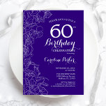 Paarse Floral 60e verjaardag Kaart<br><div class="desc">Paarse Floral 60th Birthday Party Invitation. Minimalistisch modern ontwerp met botanische contouren en lettertype typografiescript. Eenvoudige trendy nodigt een perfecte kaart uit voor een stijlvolle feestdag in het vrouw. Kan op elke leeftijd worden aangepast. Uitnodigingen op Zazzle afdrukken of sjabloon voor digitaal afdrukken direct downloaden.</div>