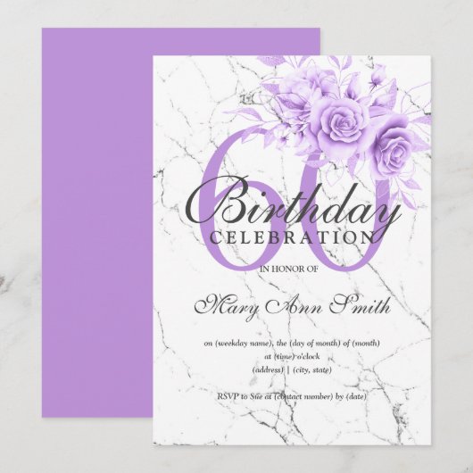 Paarse Floral 60e verjaardag marmer  Kaart (Voorkant / Achterkant)