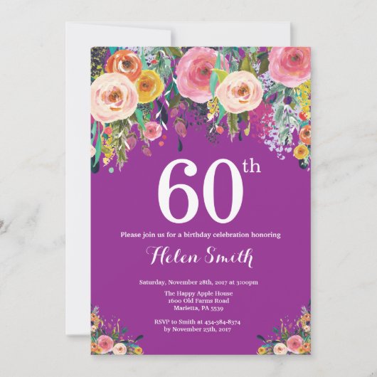 Paarse Floral 60th Birthday Uitnodiging (Voorkant)