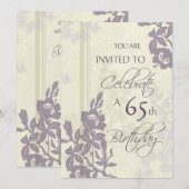 Paarse Floral 65th Birthday Party Invitation Cards Kaart (Voorkant / Achterkant)