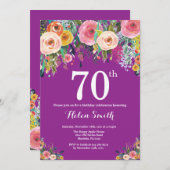 Paarse Floral 70e verjaardag uitnodiging (Voorkant / Achterkant)