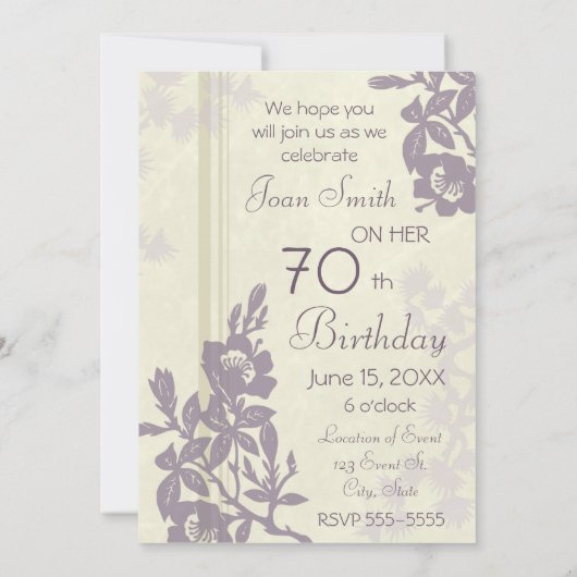 Paarse Floral 70e verjaardag van de uitnodigingska Kaart (Achterkant)