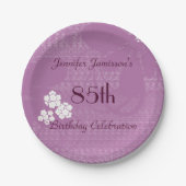 Paarse Floral 85th Birthday Party Personalized Papieren Bordje (Voorkant)