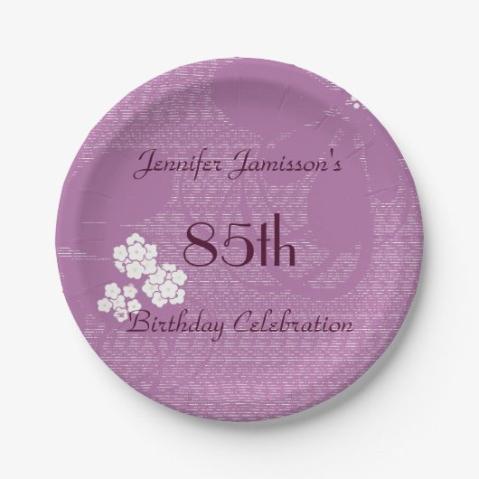 Paarse Floral 85th Birthday Party Personalized Papieren Bordje (Voorkant)