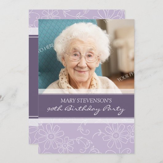 Paarse Floral 90e verjaardag Kaart (Voorkant / Achterkant)