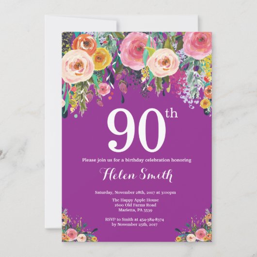 Paarse Floral 90th Birthday Uitnodiging (Voorkant)