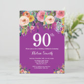 Paarse Floral 90th Birthday Uitnodiging (Staand voorkant)