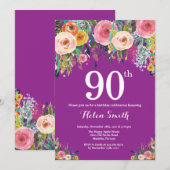 Paarse Floral 90th Birthday Uitnodiging (Voorkant / Achterkant)