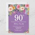 Paarse Floral 90th Birthday Uitnodiging<br><div class="desc">Paarse Floral 90e verjaardag uitnodiging voor vrouwen. Waterverf Floral Flower. Paarse Lila Lavender Violet Background Roze, geel, Oranje, Paars ventilator. Volwassen verjaardag. 13e 15e 16e 18e 21e 30e 40e 50e 60e 70e 90e 100e, Alle leeftijden. Voor verdere aanpassing, te klikken gelieve de knoop "van de Aanpassing het"en ons ontwerphulpmiddel te...</div>