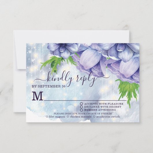 Paarse Floral Anemone Wedding Meal Choice RSVP Kaartje (Voorkant)