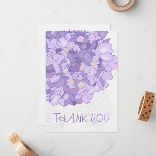 Paarse Floral Art Dank u Flat Notes Notitiekaartje (Voorkant / Achterkant in situ)
