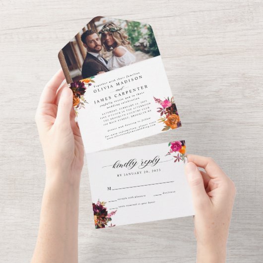 Paarse Floral Autumn Waterverf Foto bruiloft All In One Uitnodiging (Afscheurbaar)