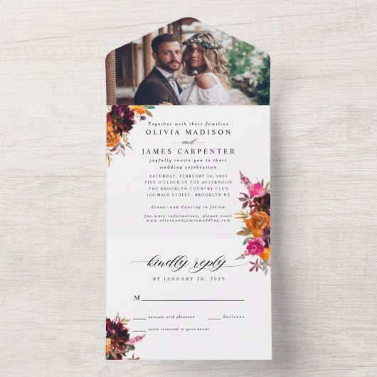 Paarse Floral Autumn Waterverf Foto bruiloft All In One Uitnodiging (Binnen)