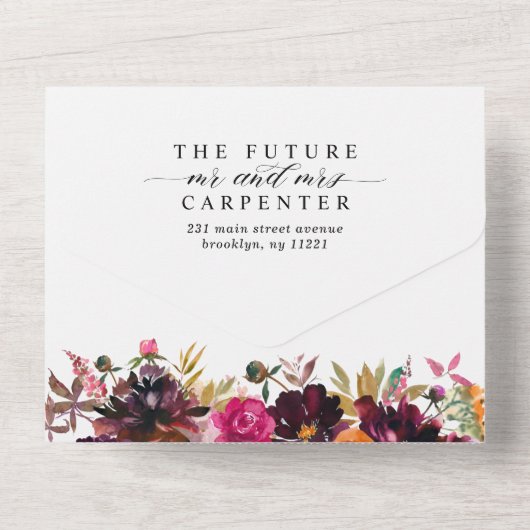 Paarse Floral Autumn Waterverf Foto bruiloft All In One Uitnodiging (Achterkant)