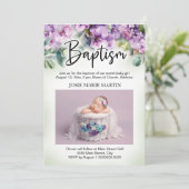 Paarse Floral Baby doop doop foto Kaart (Staand voorkant)