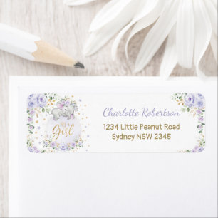 Paarse Floral Baby Elephant Return Address Label