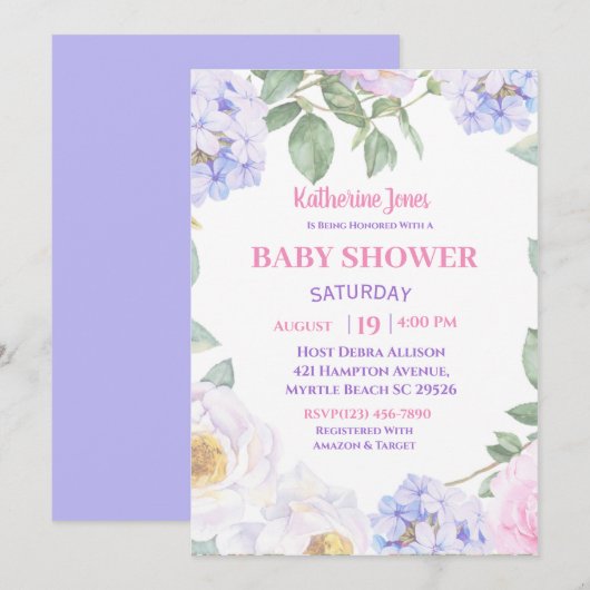 Paarse Floral Baby shower Kaart (Voorkant / Achterkant)