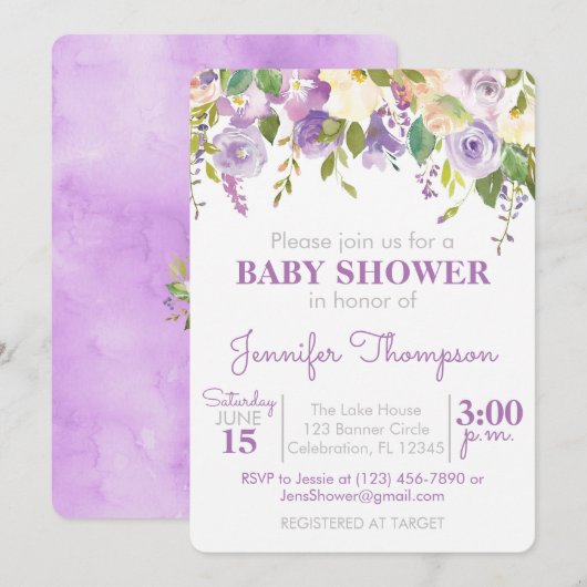 Paarse Floral Baby shower Kaart (Voorkant / Achterkant)
