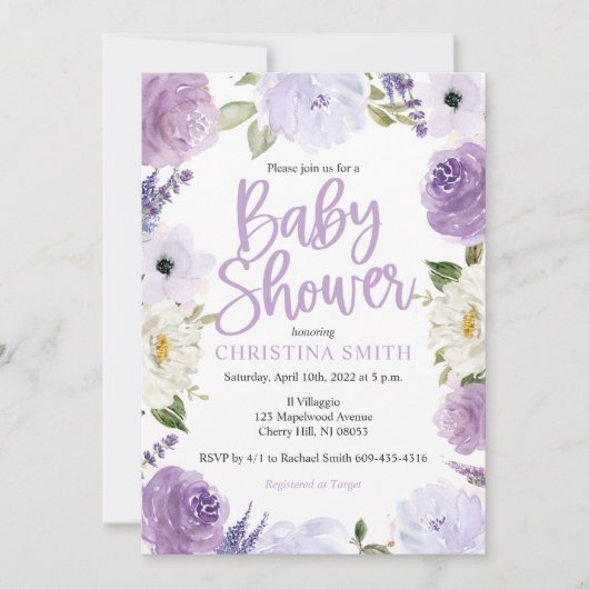 Paarse Floral Baby Shower-uitvindingen Kaart (Voorkant)
