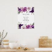 Paarse Floral Baby shower Welkomstteken Poster (Keuken)