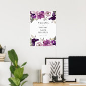 Paarse Floral Baby shower Welkomstteken Poster (Thuiskantoor)