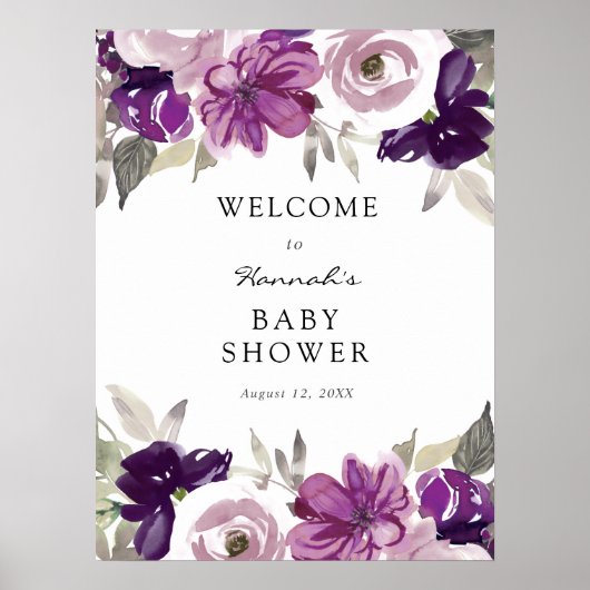 Paarse Floral Baby shower Welkomstteken Poster (Voorkant)