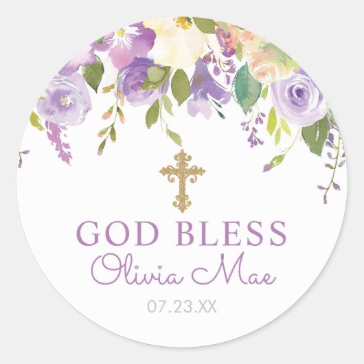 Paarse Floral Baptism Favor Ronde Sticker (Voorkant)